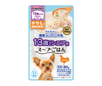 １３歳から用　<br class='pc'>わんちゃんの国産低脂肪牛乳スープごはん　<br class='pc'>ササミと緑黄色野菜入り
